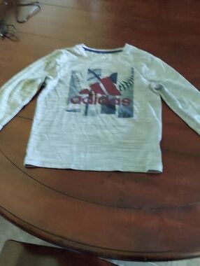 adidas Grey Long-Sleeve Graphic Logo Tee with Red Accent